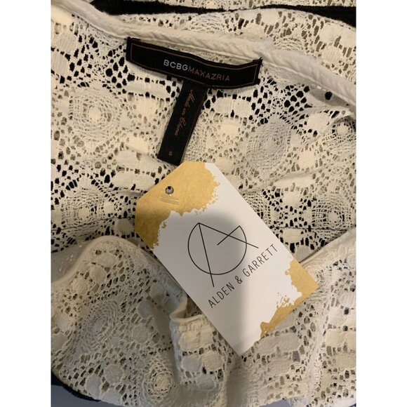 BCBG Max Azria Cream Sheer Lace Black Stripe Tovah Top, Size Small - Picture 5 of 5